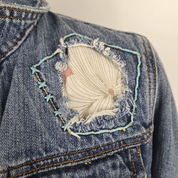 Miss Me Women's Size Medium Cropped Silverlake Denim Jacket Patchwork - Picture 2 of 11